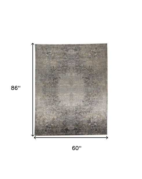 4' X 5' Tan And Gray Oriental Distressed Area Rug